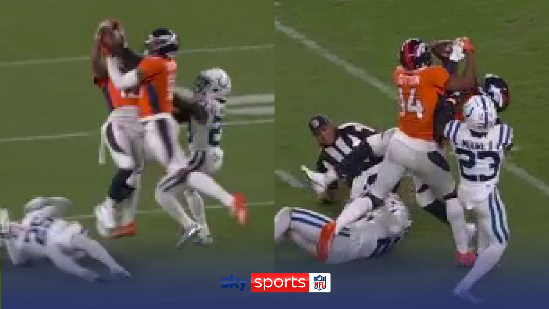 Chaos and confusion as two Broncos catch same ball and ref is taken out!