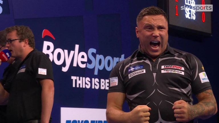 Gerwyn Price enjoys this 101st shot on his way to victory over Martin Schindler