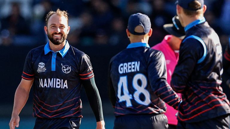 Namibia all-rounder Jan Frylinck (left) starred with bat and ball as his side shocked Sri Lanka in the T20 World Cup opener