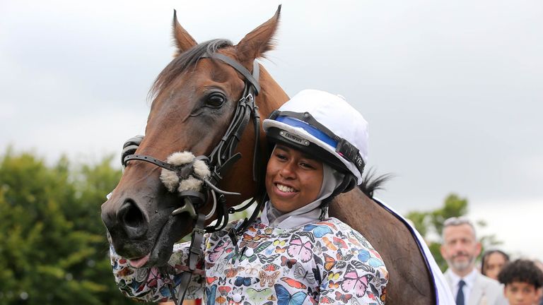 Khadijah Mellah after winning the Magnolia Cup on Haverland in 2019 at the Qatar Goodwood Festival 