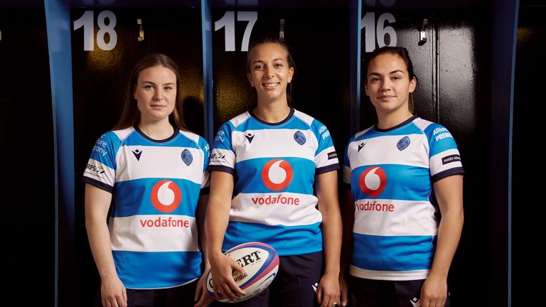 DMP Sharks players Chloe Broom (left), Mackenzie Thomas-Roberts (middle) and Dani Phan (right) model the club's new strip
