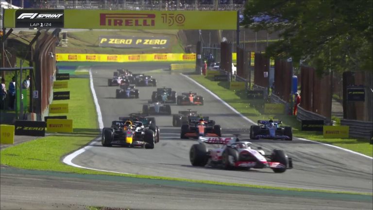 The dramatic first lap saw Kevin Magnussen hold on to the Sprint race lead at the Sao Paulo Grand Prix.