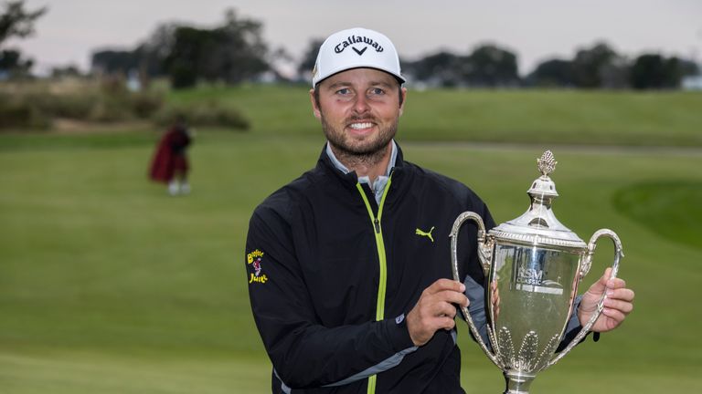 Adam Svensson celebrates his first PGA TOUR victory