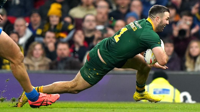 James Tedesco crossed twice as Australia kept their hold on the Rugby League World Cup
