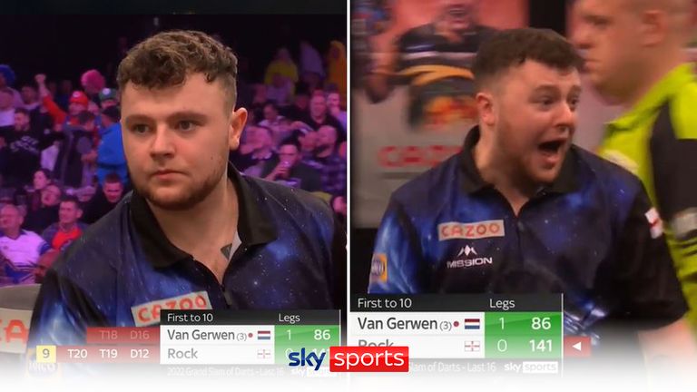 Young Josh Rock stunned Michael van Gerwen with a nine-darter at the Grand Slam of Darts