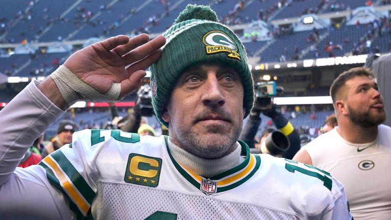 Green Bay Packers quarterback Aaron Rodgers celebrates their win over the Chicago Bears on Sunday