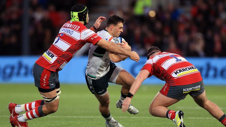 London Irish's Ben White is tackled by Gloucester Rugby's Matias Alemanno and Harry Elrington (Photo: Bradley Collyer/PA Wire/PA Images)