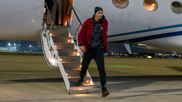 A photo provided by the US Army shows WNBA star Brittney Griner arriving at Kelly Field in San Antonio following her release in a prisoner swap with Russia