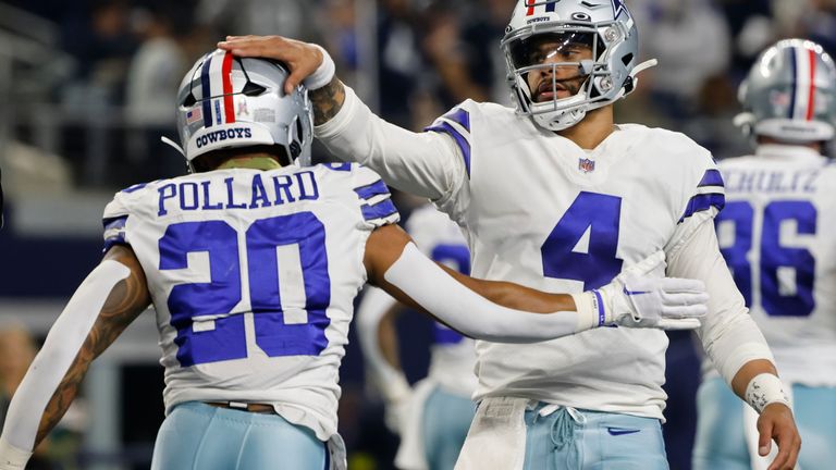 Dak Prescott and Tony Pollard celebrate during the Cowboys' big win over the Colts