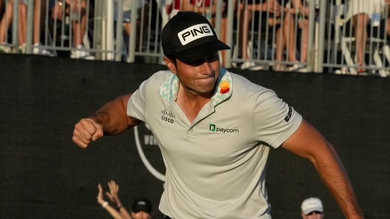 Hovland celebrates winning the PGA Tour title in New Providence, Bahamas