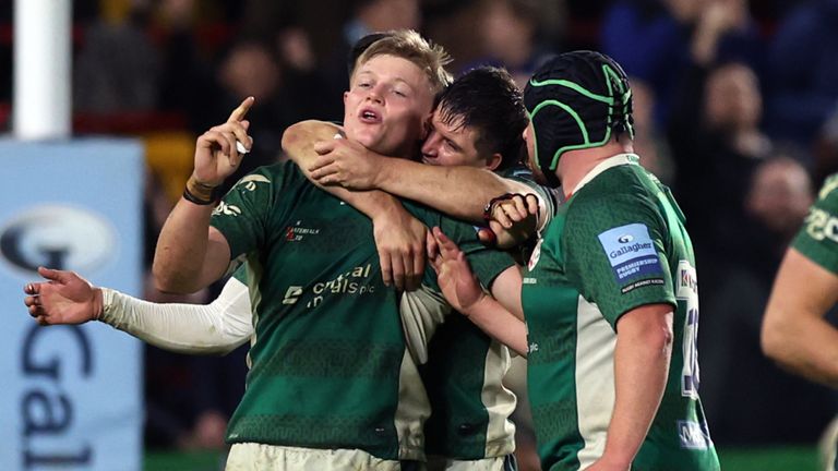 London Irish's Tom Pearson celebrates their side's winning try, scored by Chandler Cunningham-South