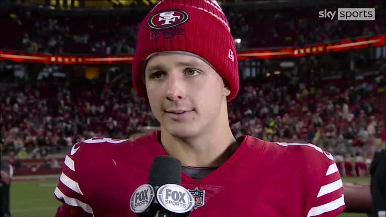 San Francisco 49ers quarterback Brock Purdy praises his teammates after his team's dominant win over the Seattle Seahawks in their Wild Card playoff game.