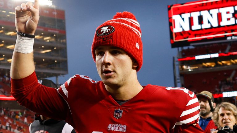 San Francisco 49ers rookie quarterback Brock Purdy celebrates after winning his playoff debut last weekend