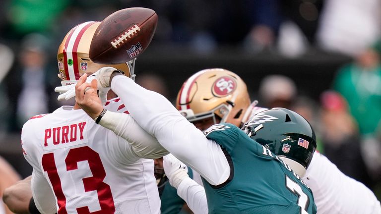 Philadelphia Eagles linebacker Haason Reddick forced a fumble on San Francisco 49ers quarterback Brock Purdy early in last year's matchup - and hurt the QB in the process