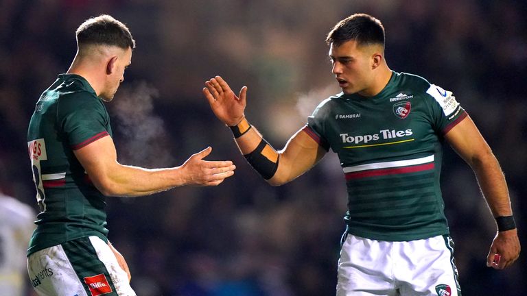 Leicester duo Matt Scott and Dan Kelly high five during the match against Ospreys