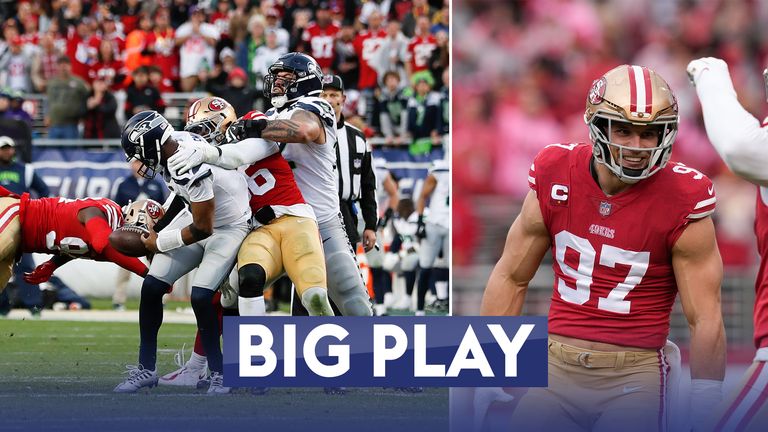 The San Francisco 49ers' defense finally proves too much for the Seattle Seahawks as their pressure forces Geno Smith to fumble which is recovered by Nick Bosa.  