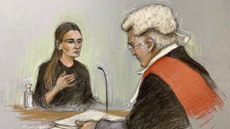 Court artist's sketch by Elizabeth Cook of Peta Cavendish giving evidence, seen by Judge David Turner, at Chelmsford Crown Court
