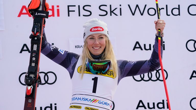 Mikaela Shiffrin equalled Lindsey Vonn's women's World Cup record with her 82nd victory in the second giant slalom race in Slovenia on Sunday