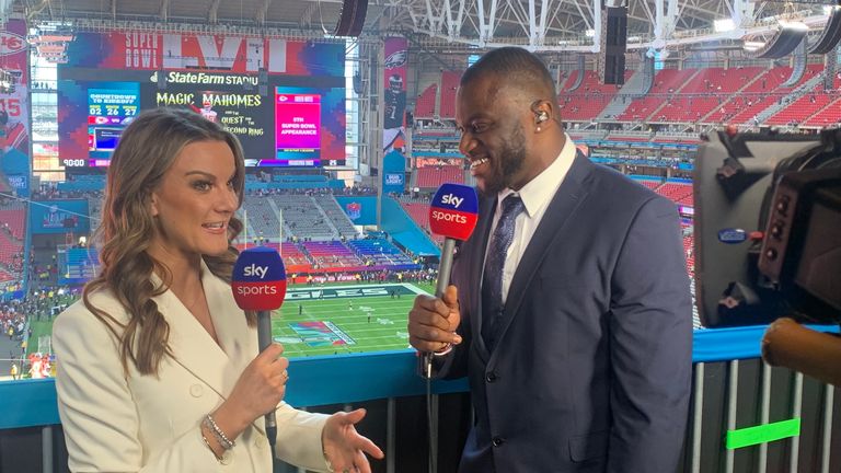 Hannah Wilkes and Efe Obada in position for Super Bowl LVII at State Farm Stadium in Arizona