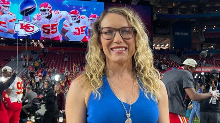 Phoebe Schecter on the field as the confetti falls following the Kansas City Chiefs' Super Bowl win over the Philadelphia Eagles