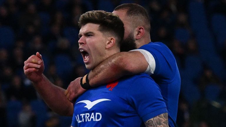 Matthieu Jalibert celebrates after scoring the winning try for France away in Rome as they just held on to beat Italy in Six Nations Round 1 