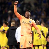 Inter Milan's goalkeeper Andre Onana celebrates
