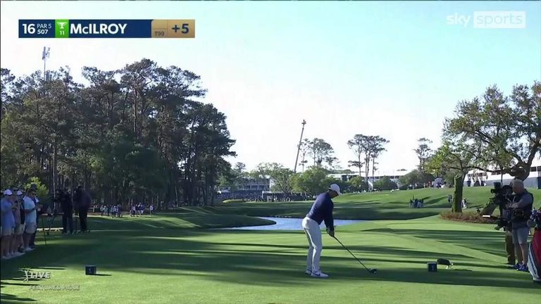 Rory McIlroy hits a new longest drive of the week on the par-five 16th at TPC Sawgrass