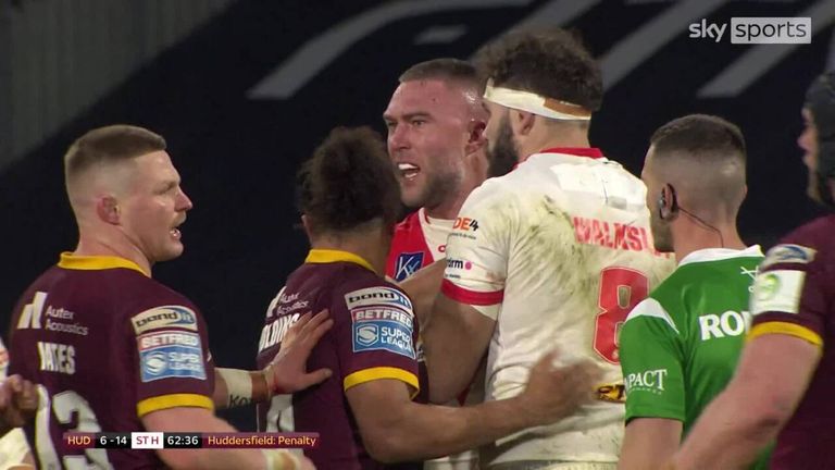 Things got heated between Jake Connor and Curtis Sironen during Huddersfield Giants' game against St Helens