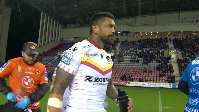 Catalan Dragons' Manu Mau secures the first try to take the lead against Wigan Warriors.