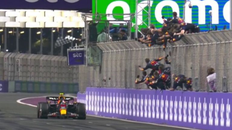 Red Bull driver Sergio Perez wins the Saudi Arabian Grand Prix, followed by his teammate Max Verstappen.