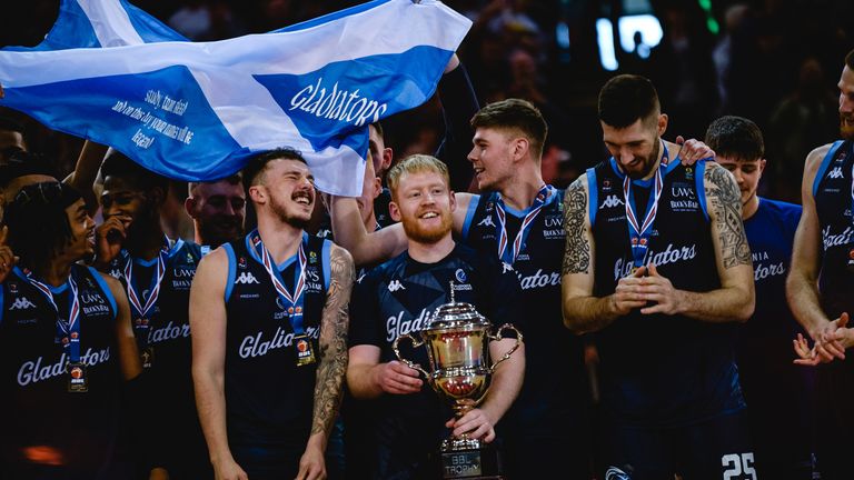 The Caledonia Gladiators celebrate a dramatic BBL Trophy win over Cheshire Phoenix (British Basketball League)