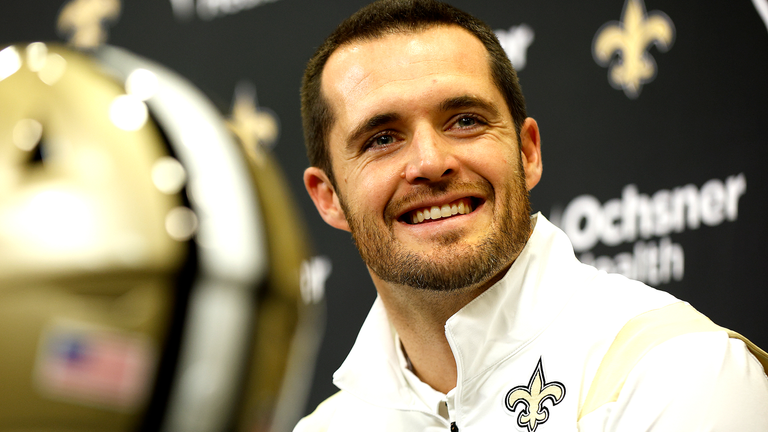 Quarterback Derek Carr during his introductory press conference for his new team after signing with the New Orleans Saints