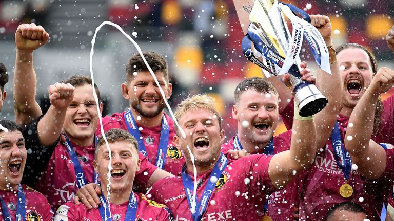 Exeter Chiefs celebrate their Premiership Cup final win over London Irish