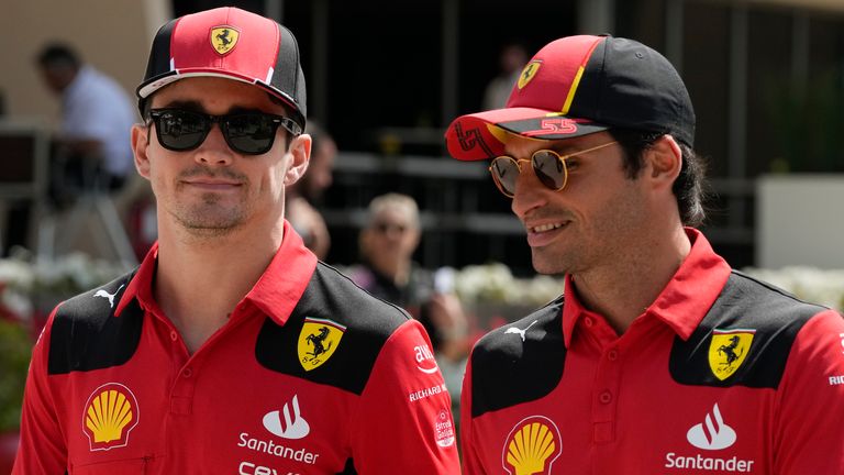 Pembalap Ferrari Charles Leclerc, kiri, dan Carlos Sainz 