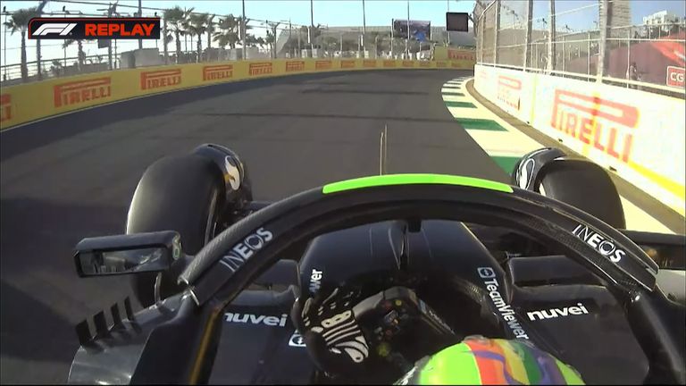 Lewis Hamilton has to take evasive action in his Mercedes to avoid hitting a slow running Yuki Tsunoda in his Alpha Tauri.