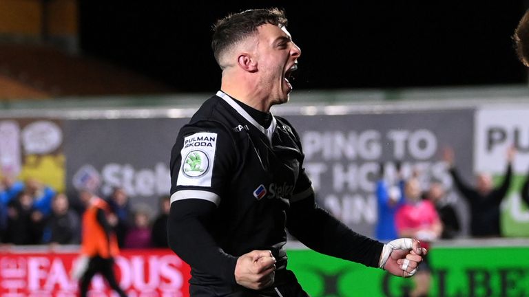 Adam Radwan celebrates as Newcastle Falcons pick up a stunning win over Gloucester despite being shown a red card in the first half