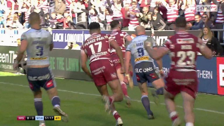 Toby King crossed for this try as Wigan Warriors defeated St Helens in the Betfred Super League Good Friday derby
