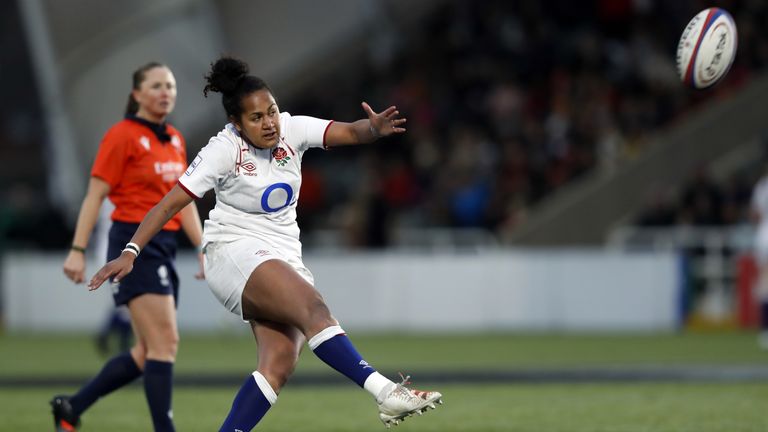 Lagi Tuima kicks a conversion during England's win over Scotland