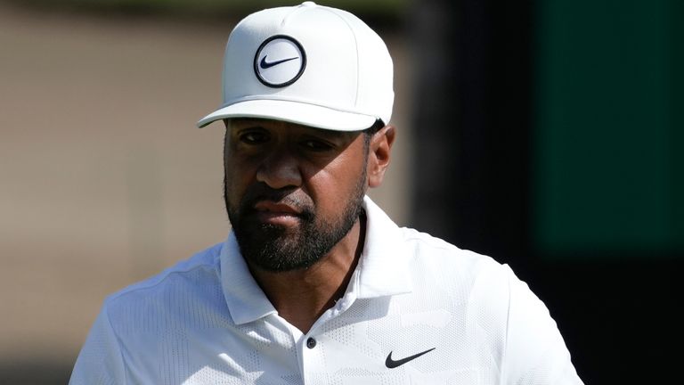 Tony Finau, of the United States, reacts after a birdie on the 18th hole during the Mexico Open golf tournament's second round in Puerto Vallarta, Mexico, Friday, April 28, 2023. (AP Photo/Moises Castillo)