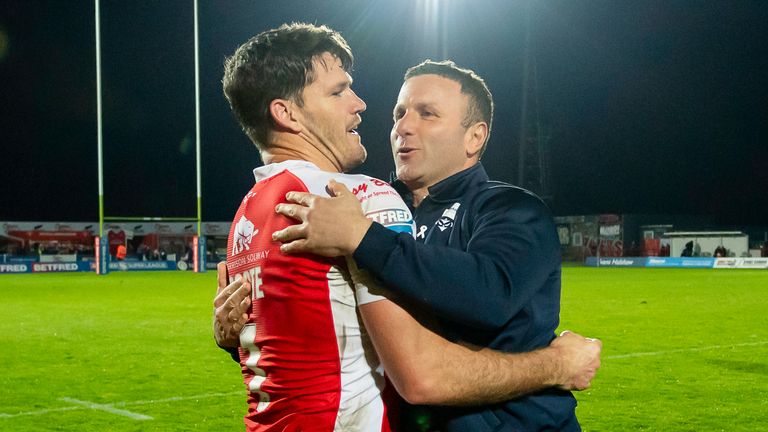 Willier Peters congratulates Lachlan Coote after Hull KR's victory over St Helens.