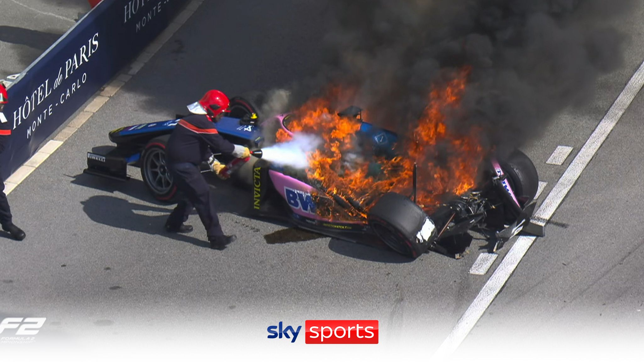 F2 Monaco Jack Doohans car catches fire Zane Maloney nearly hits wreckage! Video Watch TV Show Sky Sports