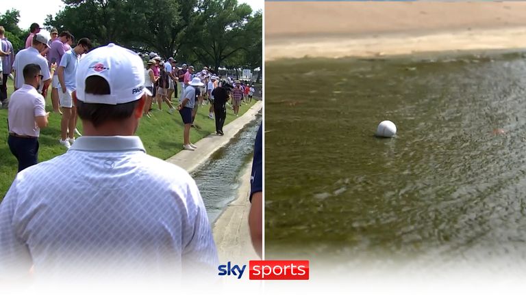 Emiliano Grillo watches his ball sail down a stream after he hit a wayward tee shot on the 18th at Colonial