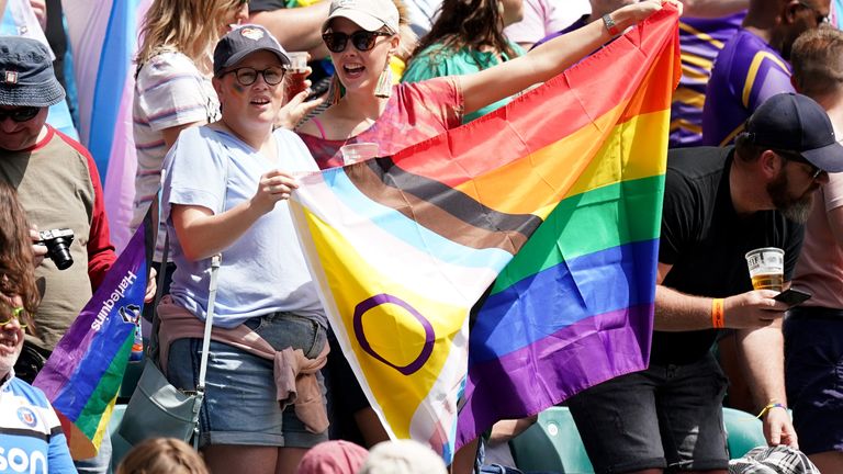 Fans displayed rainbow Pride flags during the game between the Barbarians and the World XV