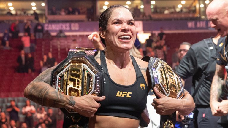 Amanda Nunes celebrates her successful defence of her UFC bantamweight title vs Irene Aldana