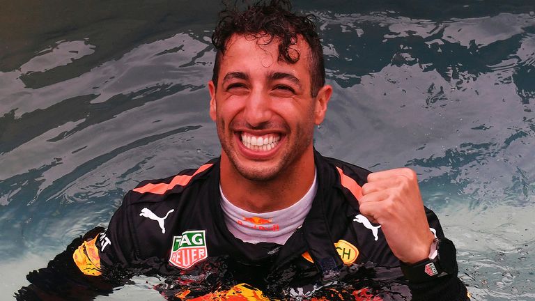 Daniel Ricciardo celebrates his 2018 Monaco Grand Prix victory