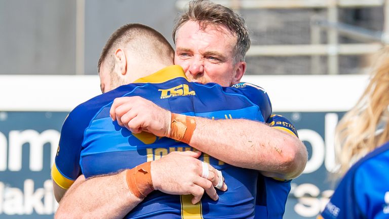 Wakefield's Matty Ashurst celebrates his try against Leeds