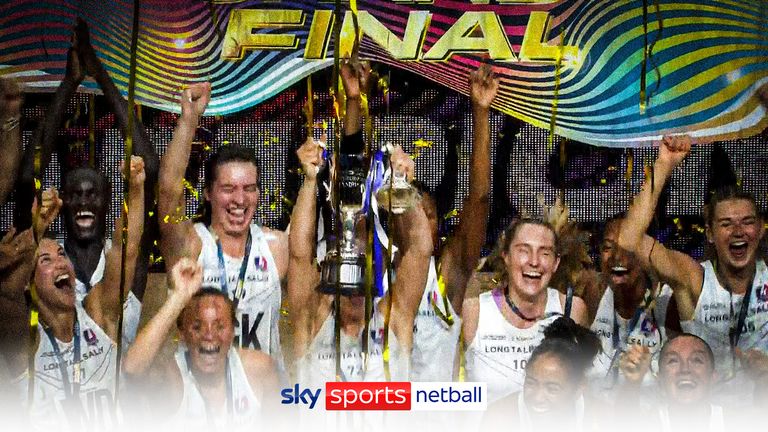 Loughborough Lightning lift the 2023 Netball Super League trophy after victory against the London Pulse