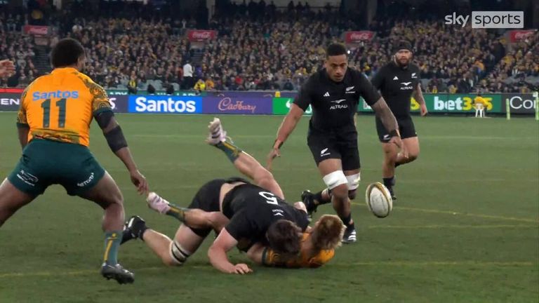 New Zealand took the lead against Australia through Shannon Frizell after a huge tackle by Scott Barrett on scrum-half Tate McDermott