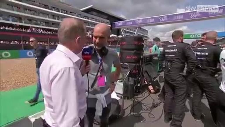 Martin Brundle is joined on the British grand prix grid walk by Florence Pugh, Liam Payne, and Pep Guardiola. 