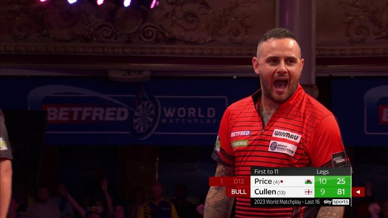 Joe Cullen draws level against Gerwyn Price by hitting the bullseye after the Welshman missed his match dart